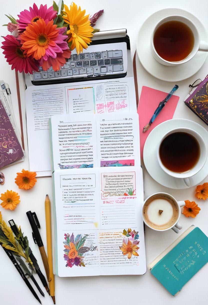 A captivating digital journal spread open, filled with colorful hand-written notes, sketches, and vibrant stickers, surrounded by a cozy workspace with a glowing laptop and a warm cup of tea. The background features whimsical illustrations of storytelling elements like books and quills, symbolizing creativity and inspiration. The color palette should be warm and inviting. super-realistic. vibrant colors. white background.