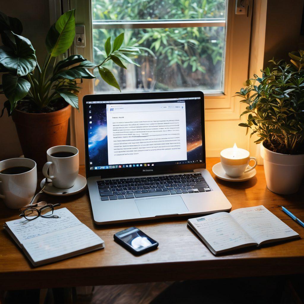A cozy, inviting workspace featuring an open laptop with a digital diary on the screen, handwritten notes scattered around, a cup of steaming coffee, and a warm light illuminating the scene. In the background, there are personal mementos like photographs and plants, symbolizing personal stories and connection. The atmosphere is inspiring and creative, inviting the reader to engage. vibrant colors. super-realistic.